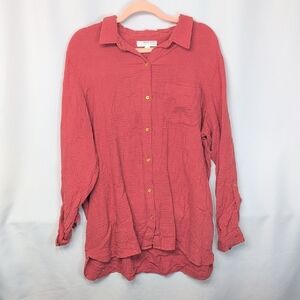 Anne Klein Crinkled Button-Down Shirt in Deep Red